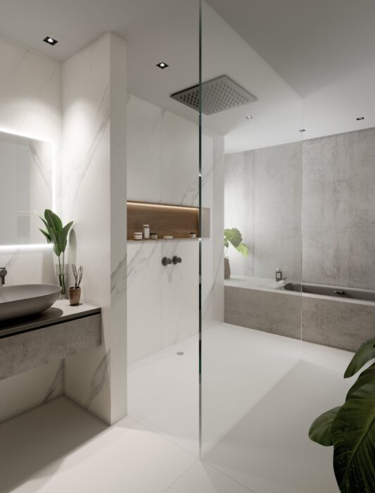 Image of Baño gris blanco 2 in Bathroom Flooring - Cosentino