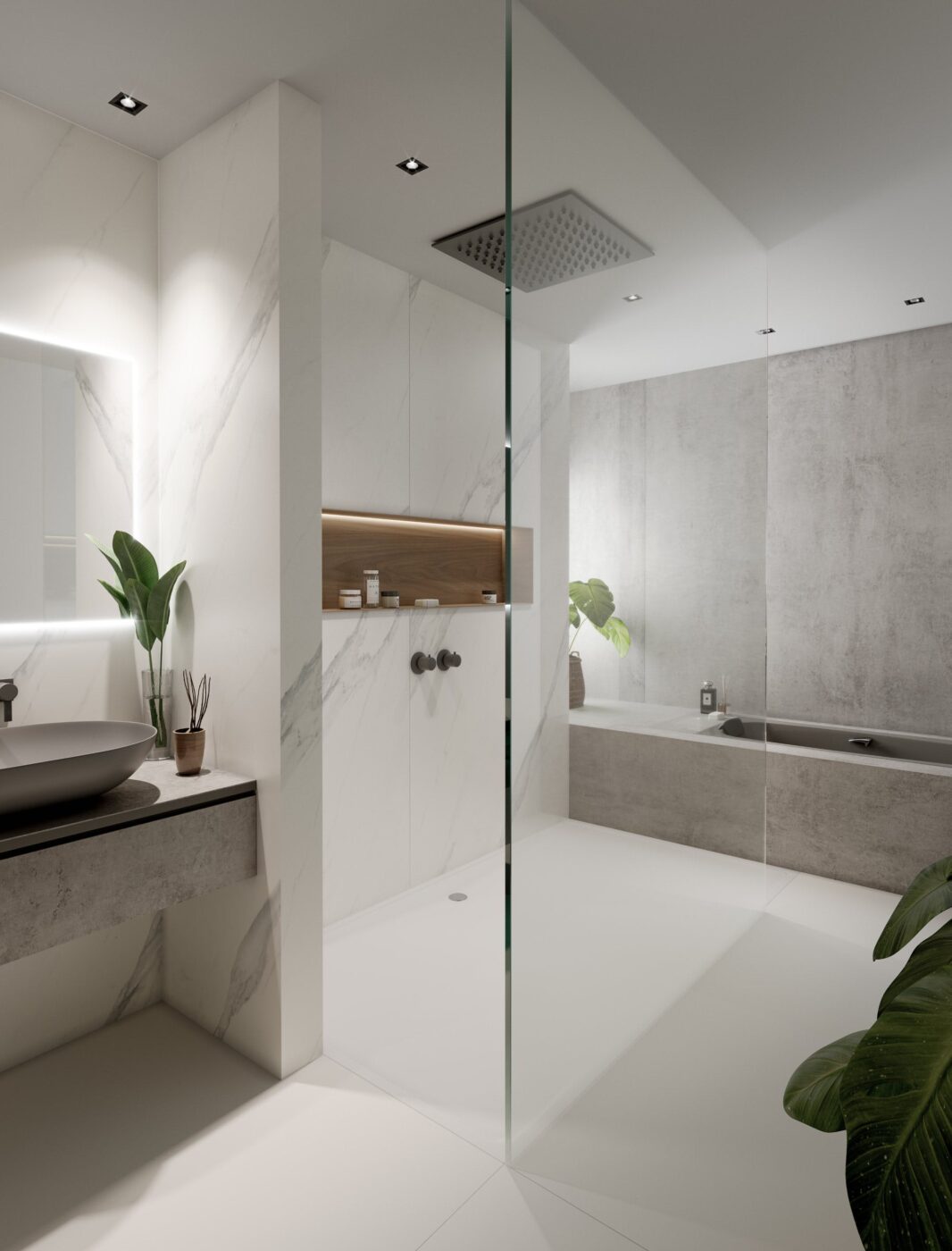 Cinco ideias de design interessantes para casas de banho em tons de cinzento e branco