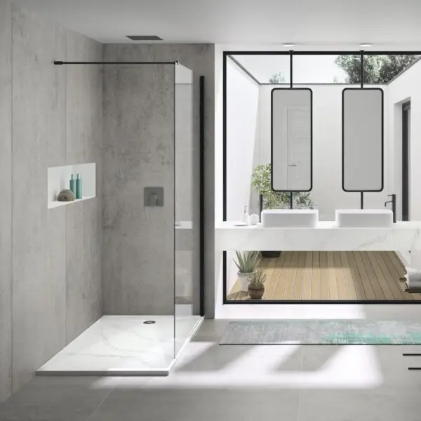 图片 18 的 Marie by Silestone 浴室洗脸盆在 Calacatta Gold 与 Dekton Kreta 淋浴覆层在灰色和白色浴室的五个很酷的设计理念 - Cosentino