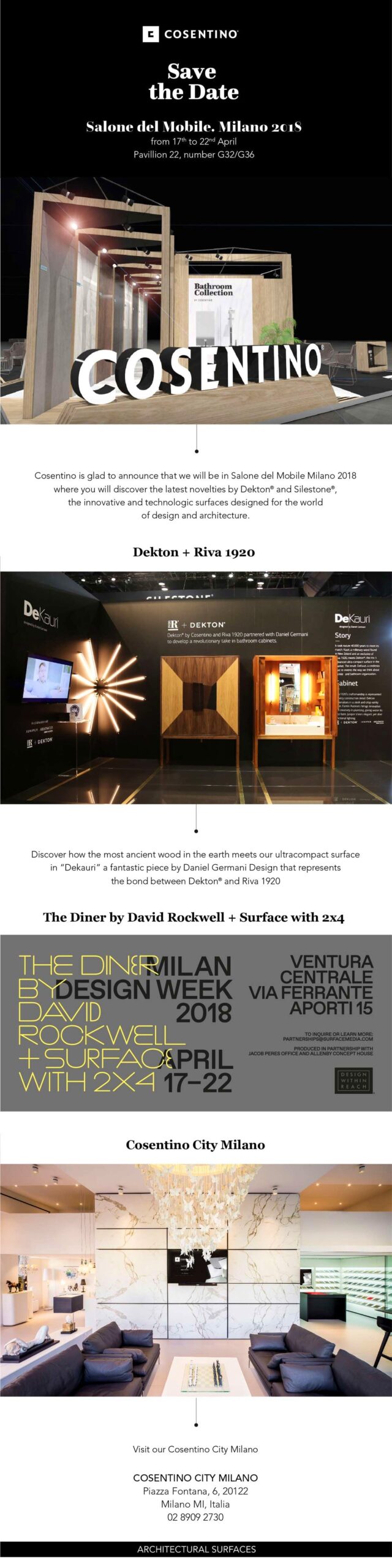 Image of Cosentino Save the Date Milan Design Week 18 2 1 6 scaled in Dekton® XGloss, among The 100 Best Business Ideas of 2016 by the magazine Actualidad Económica - Cosentino