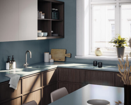 Image 25 of Silestone Sunlit Days Cala Blue Kitchen Lifestyle in Connected spaces creating an open and brilliant home - Cosentino